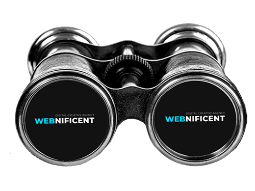 binoculars with the Webnificent logo in both lenses, encouraging customers to view portfolio of websites.