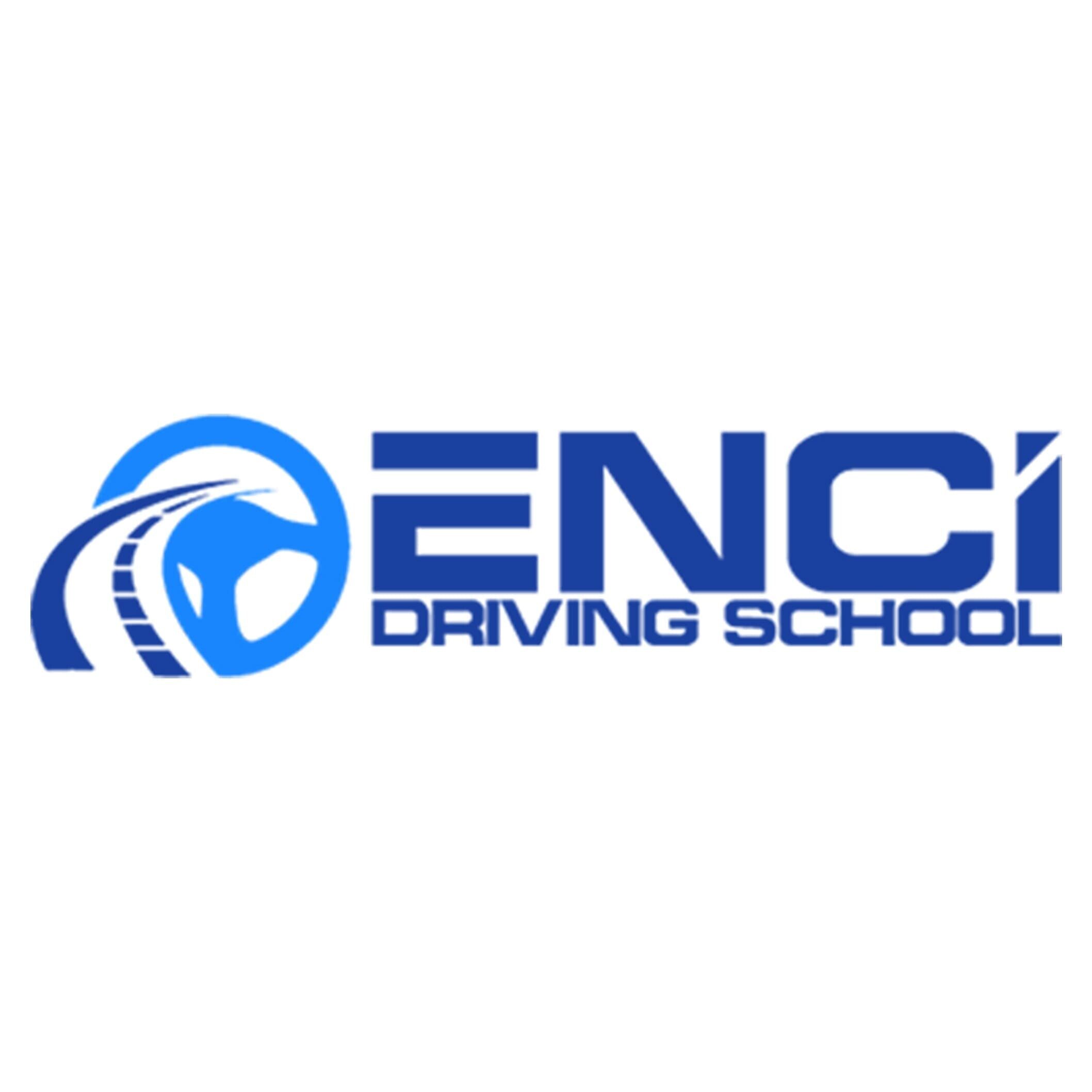 blue text of enci driving school logo