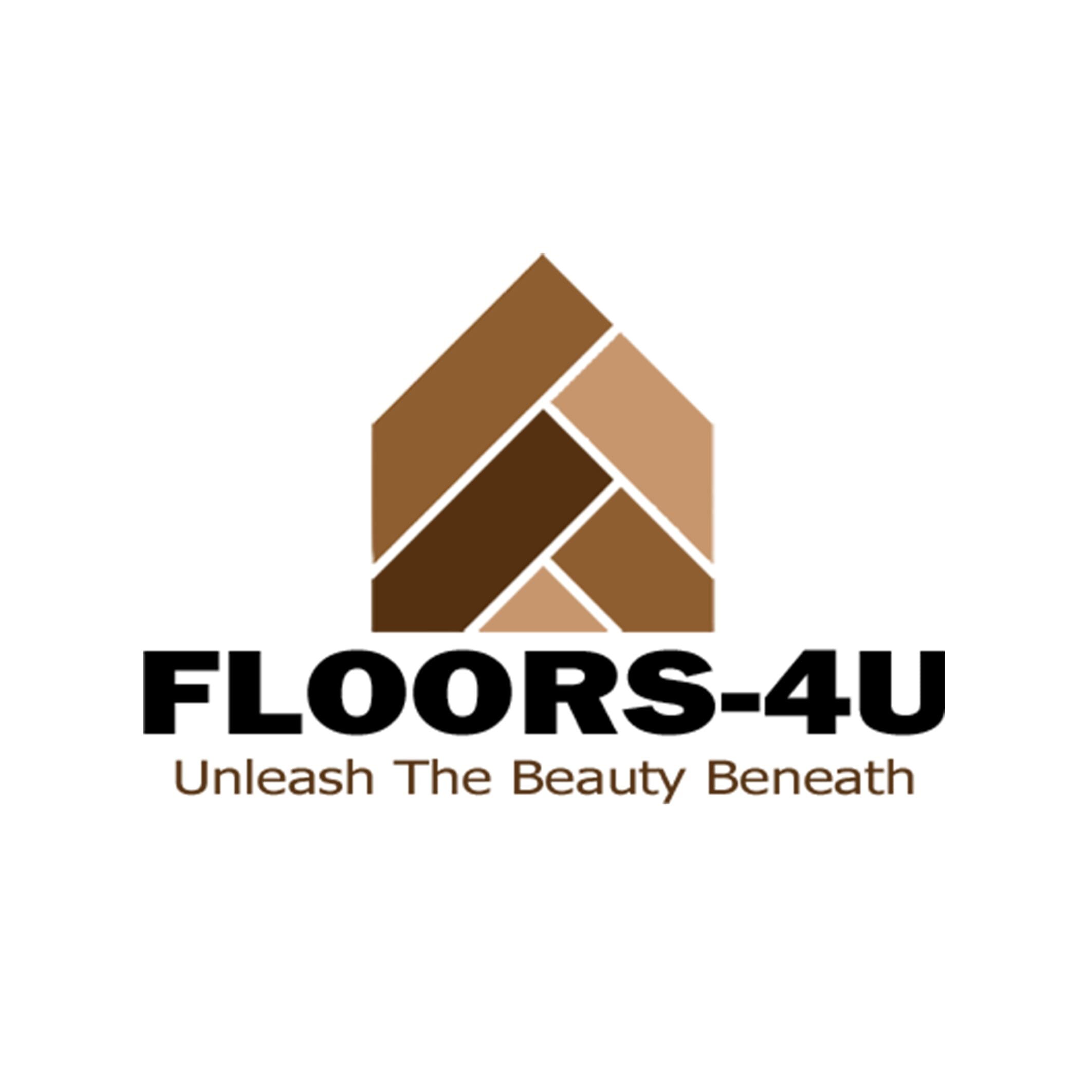 brown planks representing flooring with the text FLOORS-4U and a slogan saying unleash the beauty beneath.