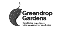 Logo for Green Drop Gardens with slogan underneath and a leaf to the left